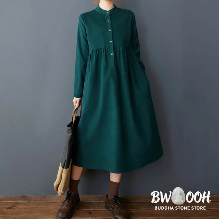 Buddha Stones Plain Buttons Design Thermal Cotton Linen Long Sleeve Midi Dress With Pockets - Midi Dress