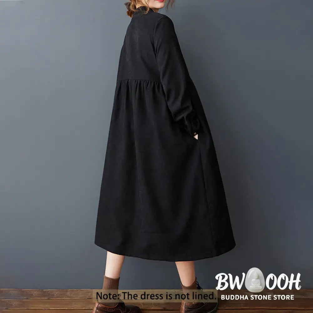 Buddha Stones Plain Buttons Design Thermal Cotton Linen Long Sleeve Midi Dress With Pockets - Midi Dress