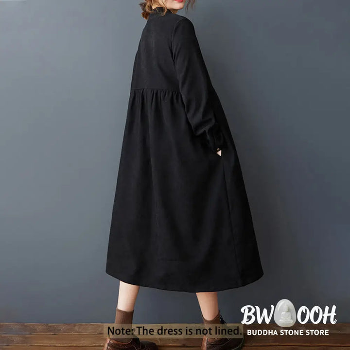 Buddha Stones Plain Buttons Design Thermal Cotton Linen Long Sleeve Midi Dress With Pockets - Midi Dress