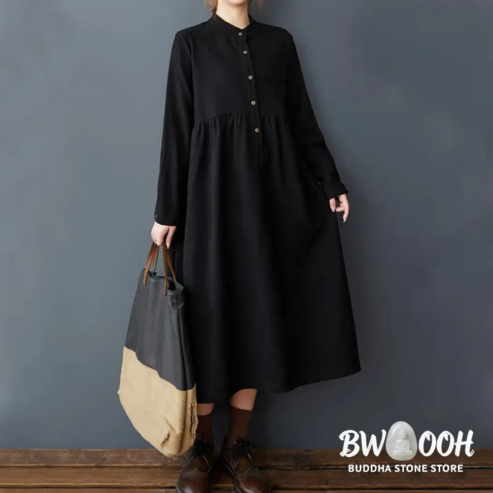 Buddha Stones Plain Buttons Design Thermal Cotton Linen Long Sleeve Midi Dress With Pockets - Midi Dress