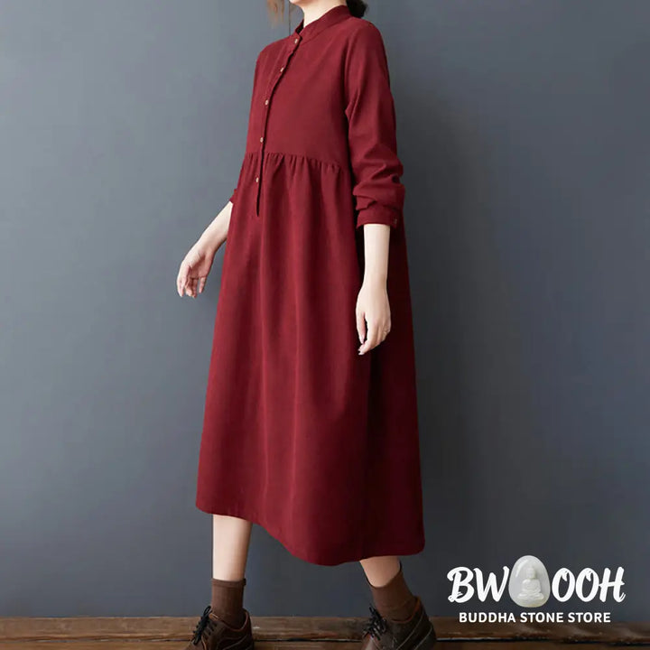 Buddha Stones Plain Buttons Design Thermal Cotton Linen Long Sleeve Midi Dress With Pockets - Midi Dress