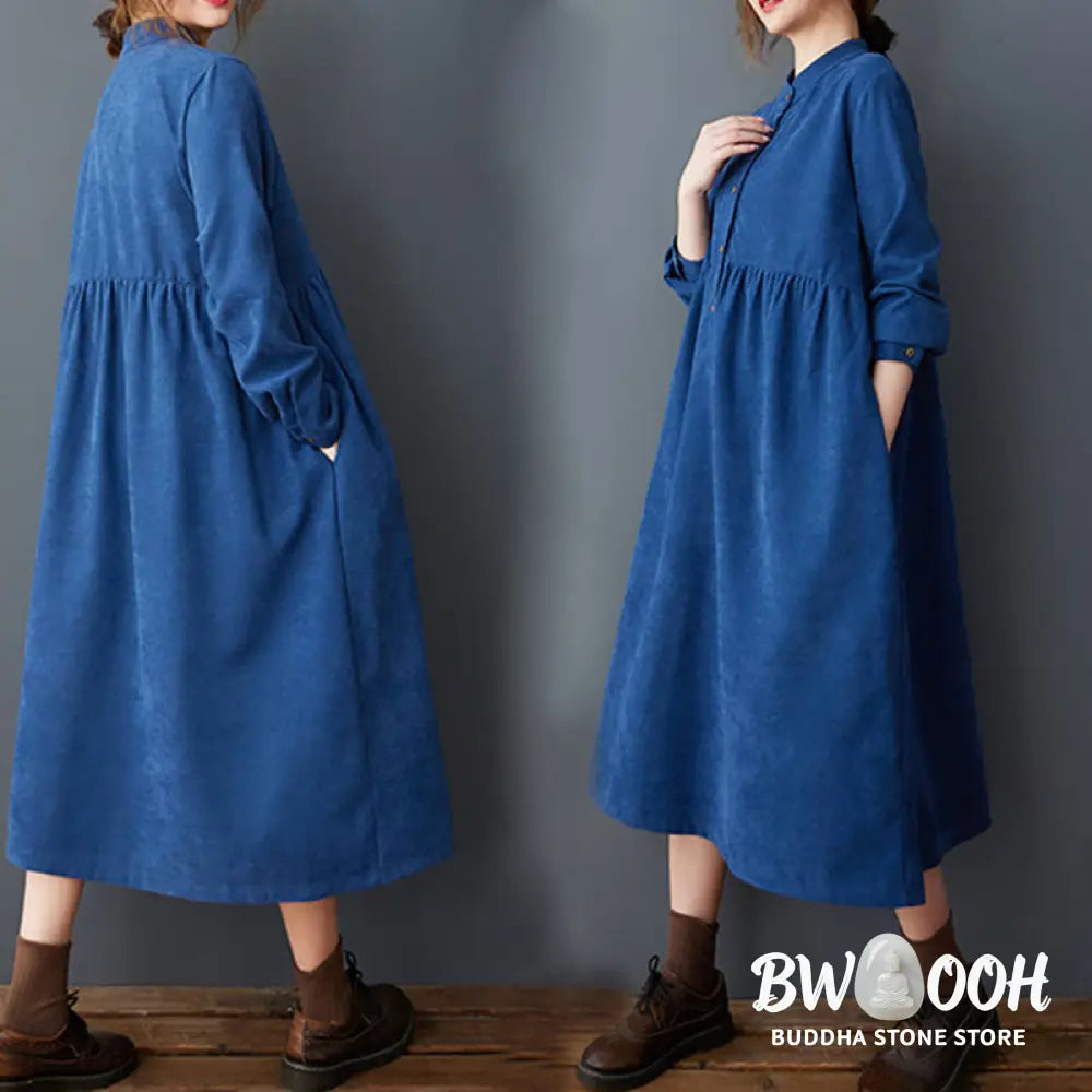 Buddha Stones Plain Buttons Design Thermal Cotton Linen Long Sleeve Midi Dress With Pockets - Midi Dress