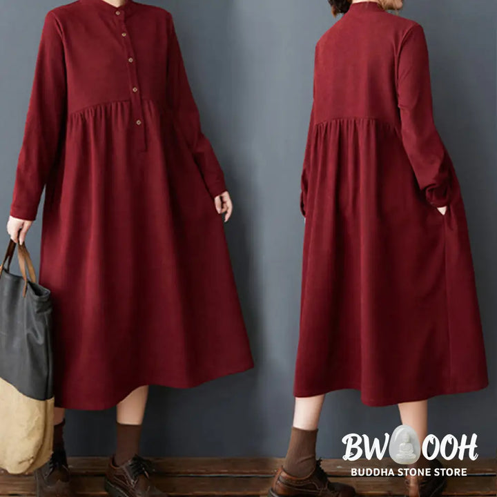 Buddha Stones Plain Buttons Design Thermal Cotton Linen Long Sleeve Midi Dress With Pockets - Midi Dress
