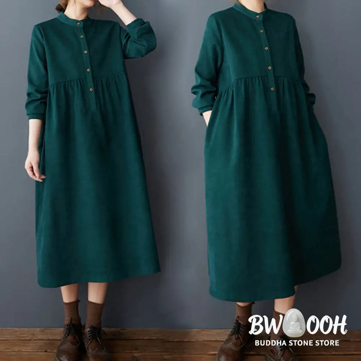 Buddha Stones Plain Buttons Design Thermal Cotton Linen Long Sleeve Midi Dress With Pockets - Midi Dress