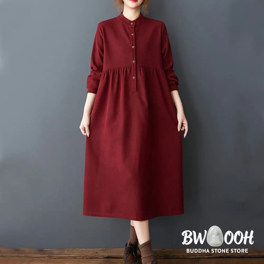 Buddha Stones Plain Buttons Design Thermal Cotton Linen Long Sleeve Midi Dress With Pockets - Midi Dress