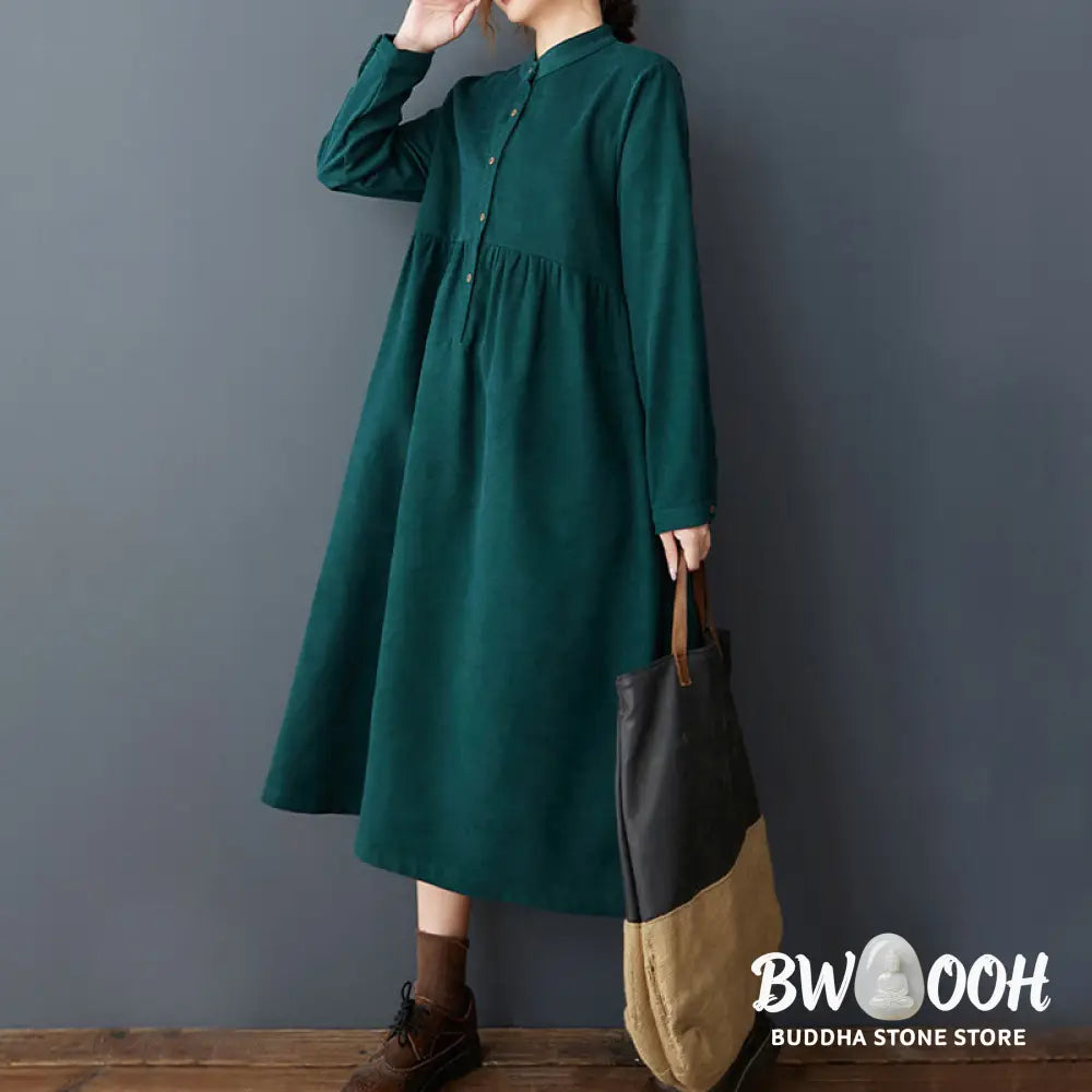Buddha Stones Plain Buttons Design Thermal Cotton Linen Long Sleeve Midi Dress With Pockets - Midi Dress