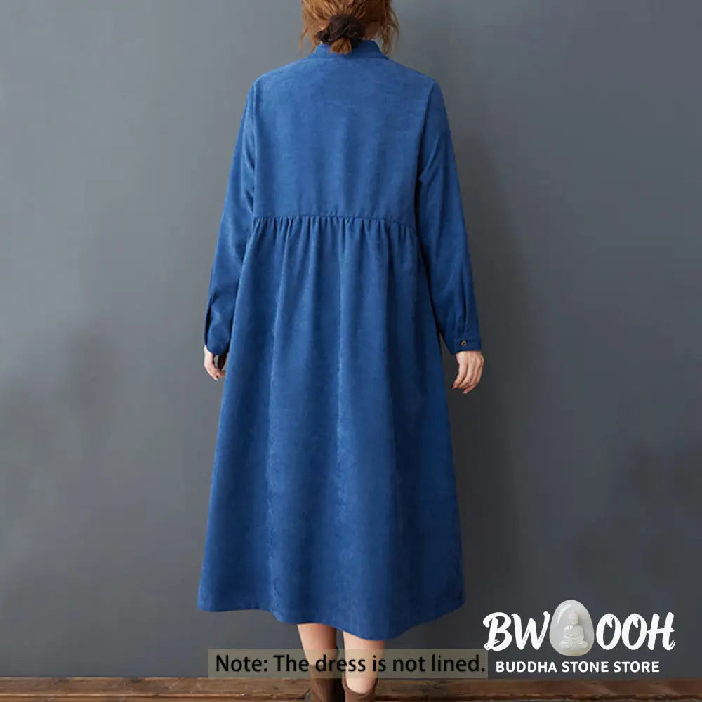 Buddha Stones Plain Buttons Design Thermal Cotton Linen Long Sleeve Midi Dress With Pockets - Midi Dress