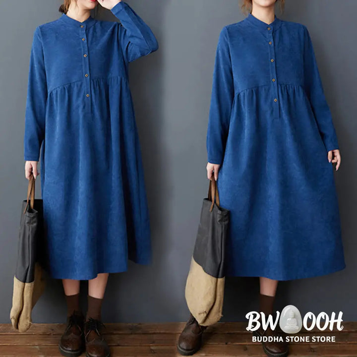 Buddha Stones Plain Buttons Design Thermal Cotton Linen Long Sleeve Midi Dress With Pockets - Midi Dress