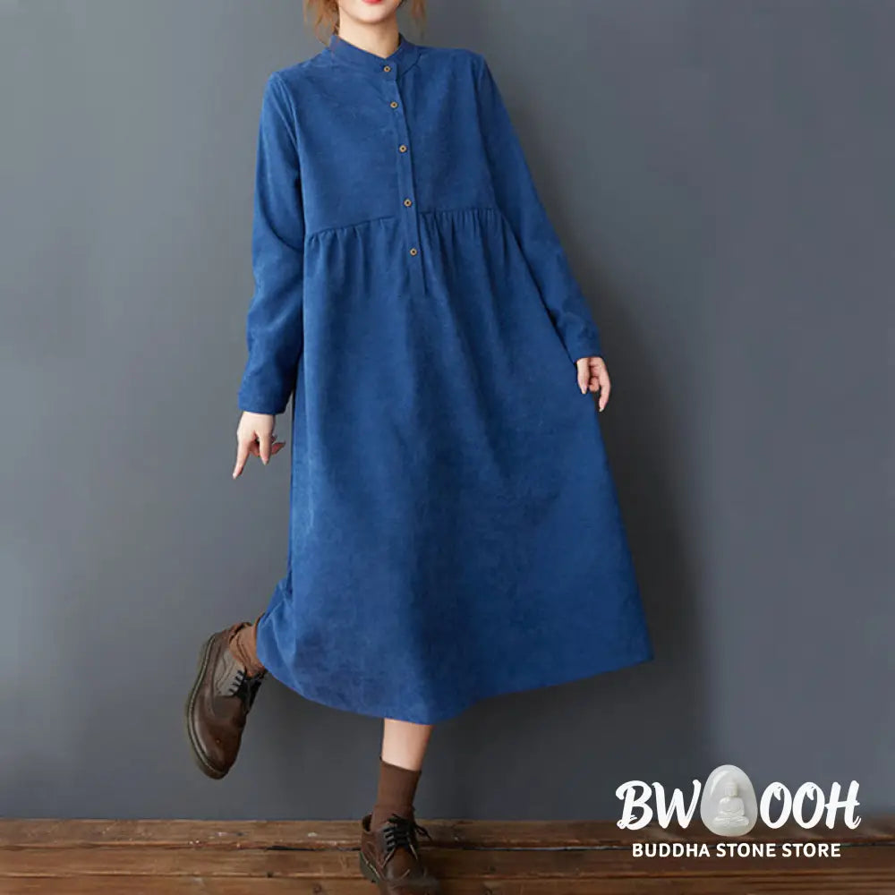 Buddha Stones Plain Buttons Design Thermal Cotton Linen Long Sleeve Midi Dress With Pockets - Midi Dress