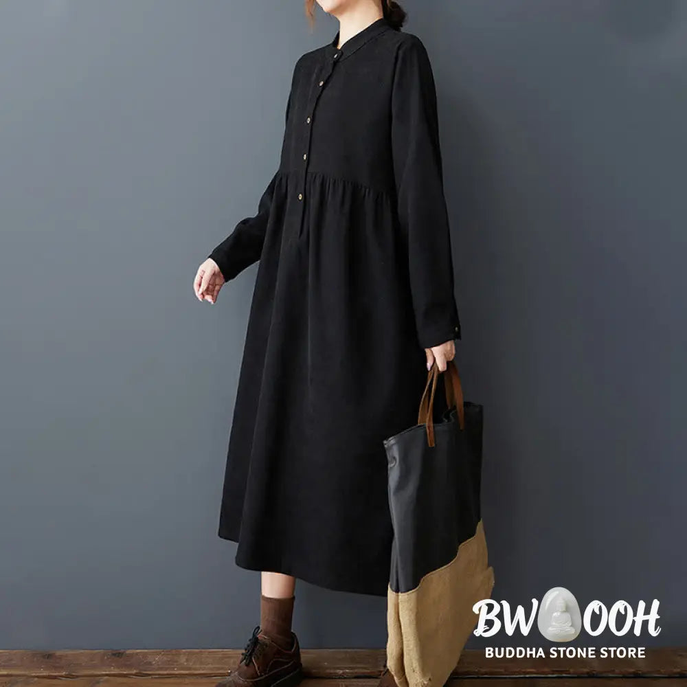 Buddha Stones Plain Buttons Design Thermal Cotton Linen Long Sleeve Midi Dress With Pockets - Midi Dress
