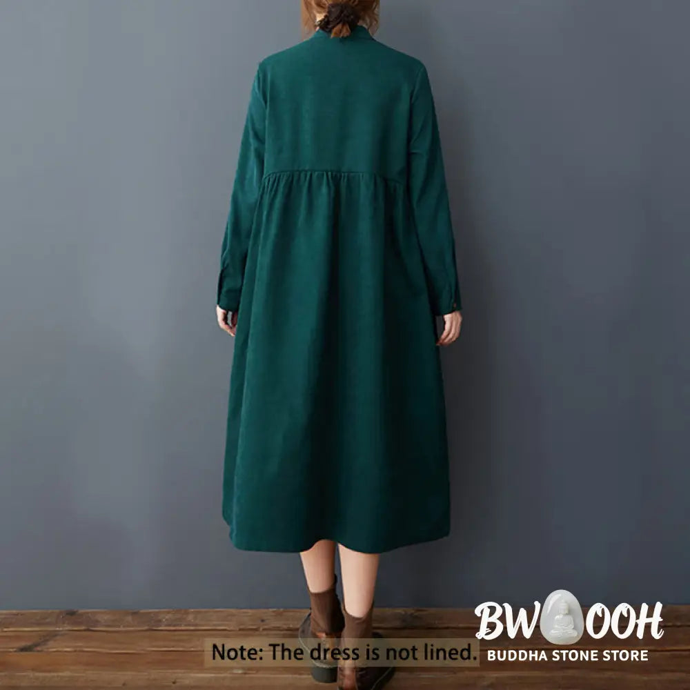 Buddha Stones Plain Buttons Design Thermal Cotton Linen Long Sleeve Midi Dress With Pockets - Midi Dress