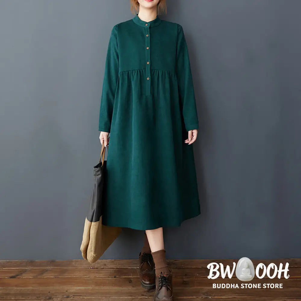 Buddha Stones Plain Buttons Design Thermal Cotton Linen Long Sleeve Midi Dress With Pockets - Midi Dress