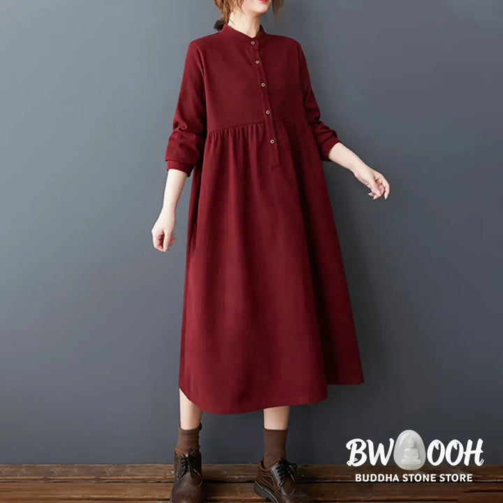 Buddha Stones Plain Buttons Design Thermal Cotton Linen Long Sleeve Midi Dress With Pockets - Midi Dress