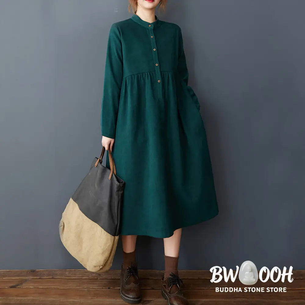 Buddha Stones Plain Buttons Design Thermal Cotton Linen Long Sleeve Midi Dress With Pockets - Midi Dress