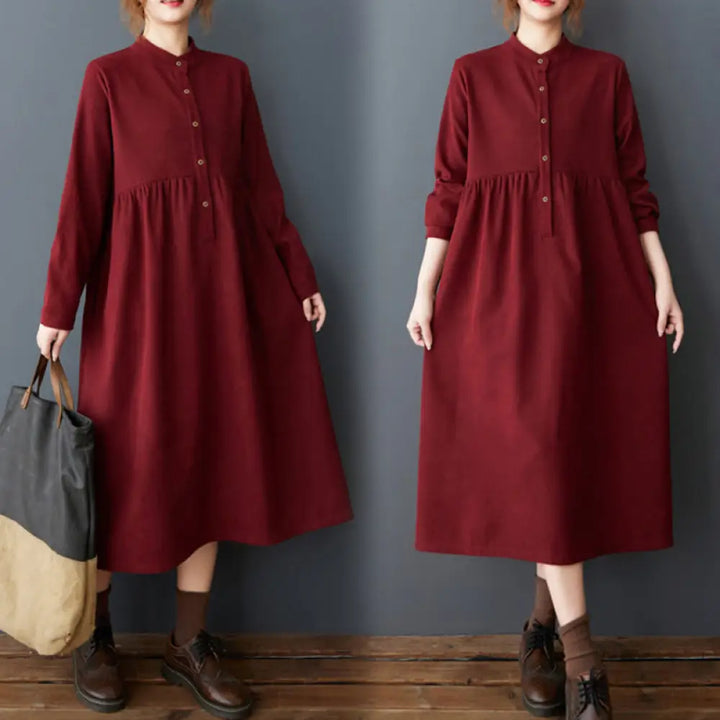 Buddha Stones Plain Buttons Design Thermal Cotton Linen Long Sleeve Midi Dress With Pockets - FireBrick