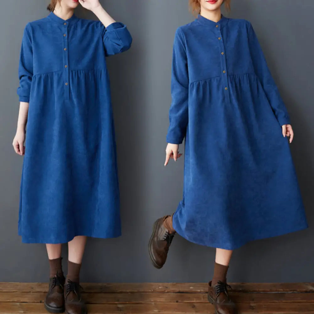 Buddha Stones Plain Buttons Design Thermal Cotton Linen Long Sleeve Midi Dress With Pockets - MediumBlue