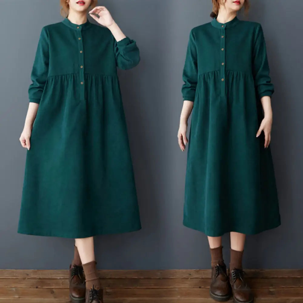 Buddha Stones Plain Buttons Design Thermal Cotton Linen Long Sleeve Midi Dress With Pockets - Teal / US4，UK/AU8，EU36