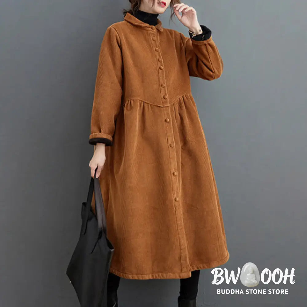Buddha Stones Plain Buttons Long Sleeve Women’s Cotton Corduroy Fleece-Lined Coat With Pockets - Women’s Coat