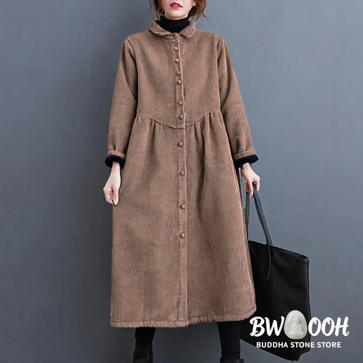 Buddha Stones Plain Buttons Long Sleeve Women’s Cotton Corduroy Fleece-Lined Coat With Pockets - Women’s Coat
