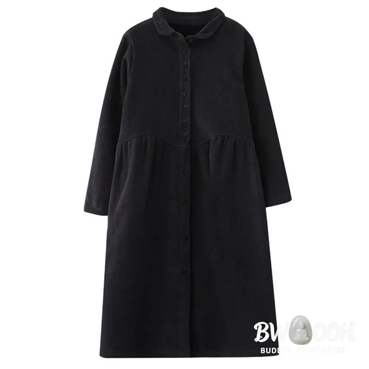 Buddha Stones Plain Buttons Long Sleeve Women’s Cotton Corduroy Fleece-Lined Coat With Pockets - Women’s Coat