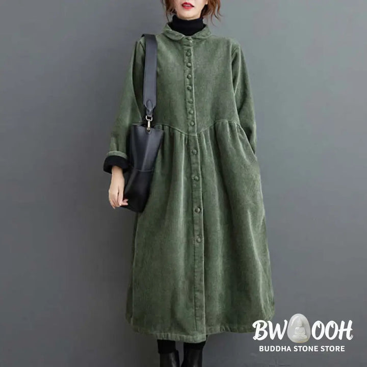 Buddha Stones Plain Buttons Long Sleeve Women’s Cotton Corduroy Fleece-Lined Coat With Pockets - Women’s Coat