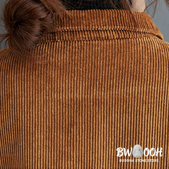 Buddha Stones Plain Buttons Long Sleeve Women’s Cotton Corduroy Fleece-Lined Coat With Pockets - Women’s Coat