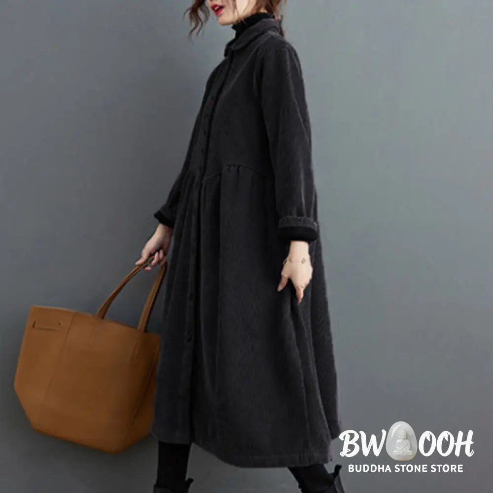 Buddha Stones Plain Buttons Long Sleeve Women’s Cotton Corduroy Fleece-Lined Coat With Pockets - Women’s Coat