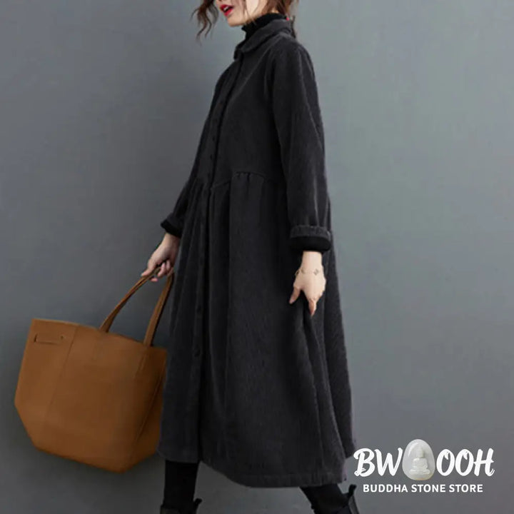 Buddha Stones Plain Buttons Long Sleeve Women’s Cotton Corduroy Fleece-Lined Coat With Pockets - Women’s Coat