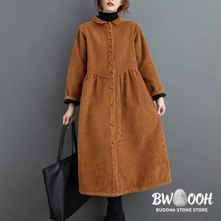 Buddha Stones Plain Buttons Long Sleeve Women’s Cotton Corduroy Fleece-Lined Coat With Pockets - Women’s Coat