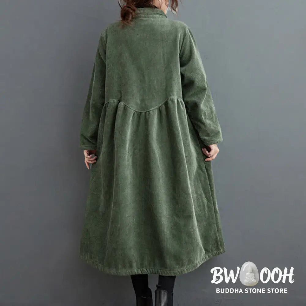 Buddha Stones Plain Buttons Long Sleeve Women’s Cotton Corduroy Fleece-Lined Coat With Pockets - Women’s Coat