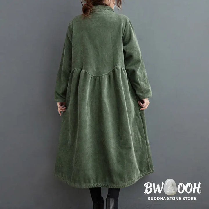 Buddha Stones Plain Buttons Long Sleeve Women’s Cotton Corduroy Fleece-Lined Coat With Pockets - Women’s Coat