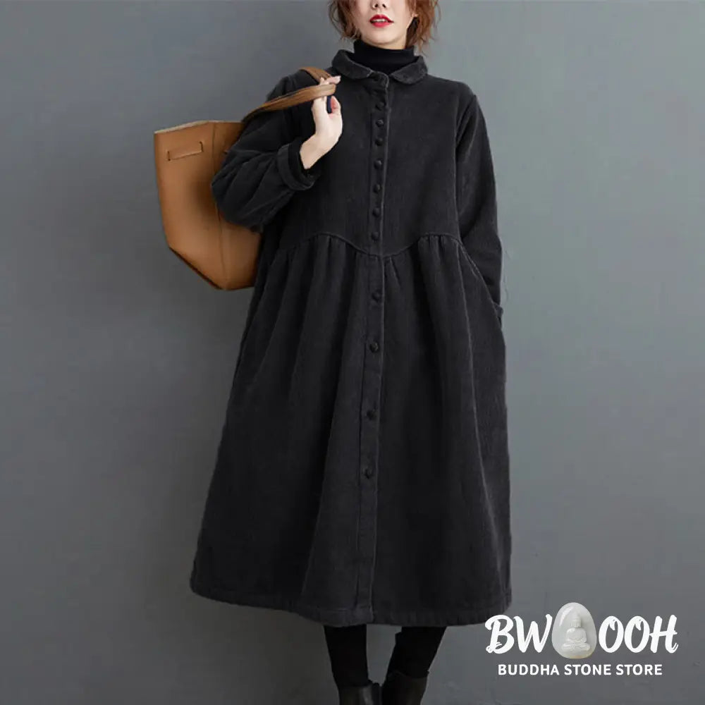 Buddha Stones Plain Buttons Long Sleeve Women’s Cotton Corduroy Fleece-Lined Coat With Pockets - Women’s Coat