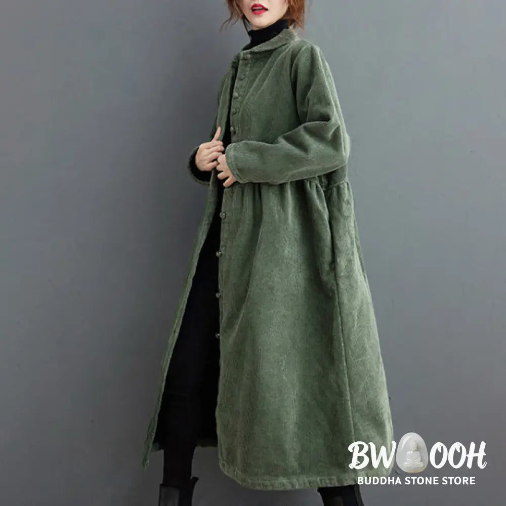 Buddha Stones Plain Buttons Long Sleeve Women’s Cotton Corduroy Fleece-Lined Coat With Pockets - Women’s Coat