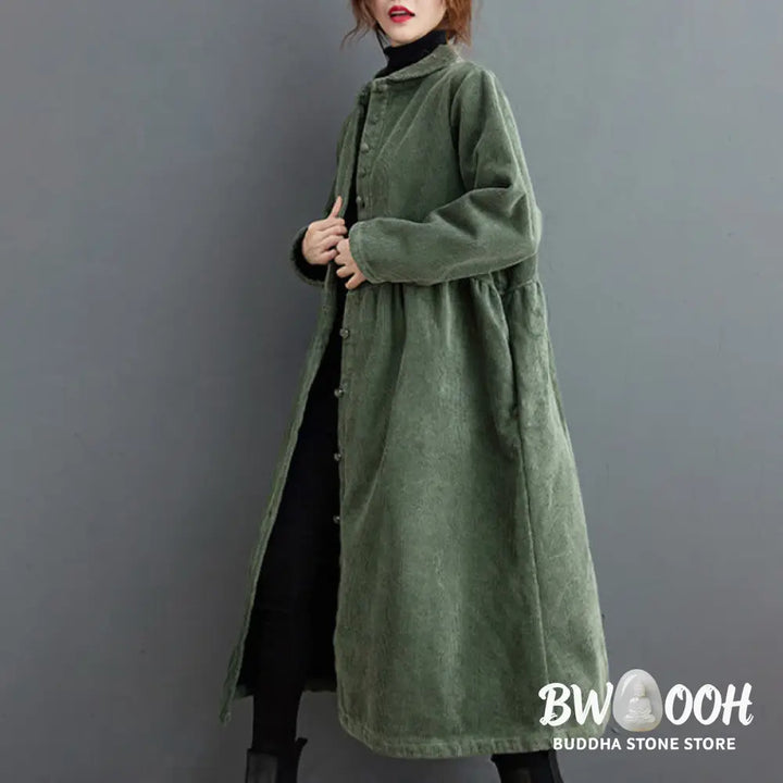 Buddha Stones Plain Buttons Long Sleeve Women’s Cotton Corduroy Fleece-Lined Coat With Pockets - Women’s Coat