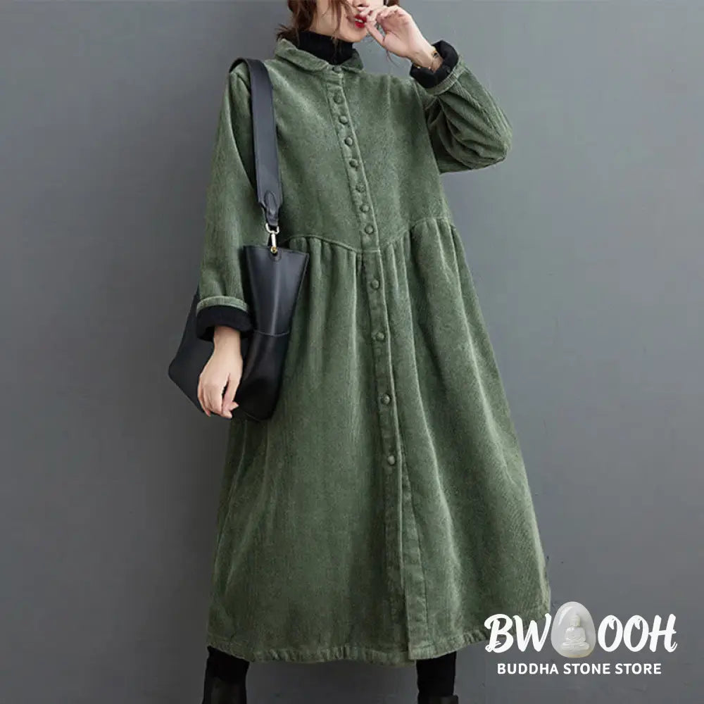 Buddha Stones Plain Buttons Long Sleeve Women’s Cotton Corduroy Fleece-Lined Coat With Pockets - Women’s Coat