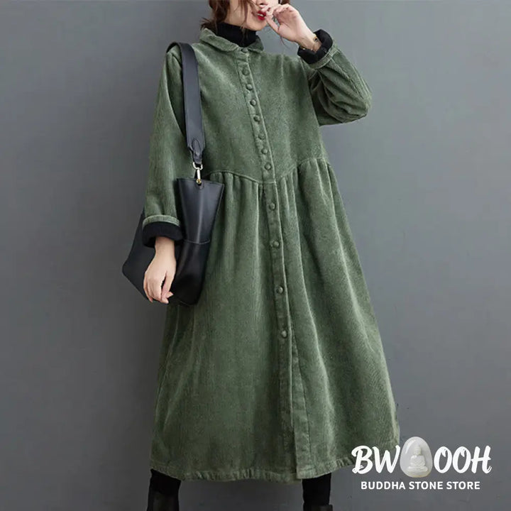 Buddha Stones Plain Buttons Long Sleeve Women’s Cotton Corduroy Fleece-Lined Coat With Pockets - Women’s Coat