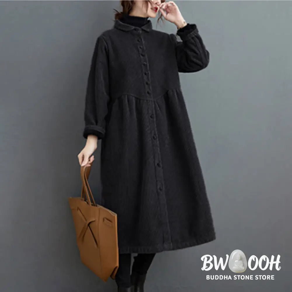 Buddha Stones Plain Buttons Long Sleeve Women’s Cotton Corduroy Fleece-Lined Coat With Pockets - Women’s Coat