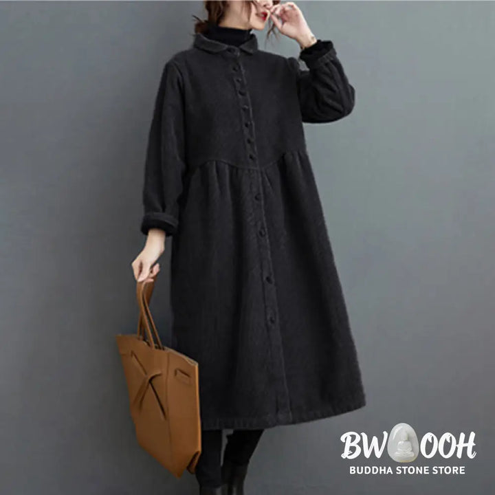 Buddha Stones Plain Buttons Long Sleeve Women’s Cotton Corduroy Fleece-Lined Coat With Pockets - Women’s Coat