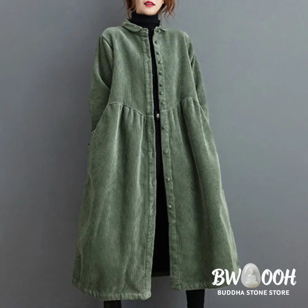 Buddha Stones Plain Buttons Long Sleeve Women’s Cotton Corduroy Fleece-Lined Coat With Pockets - Women’s Coat