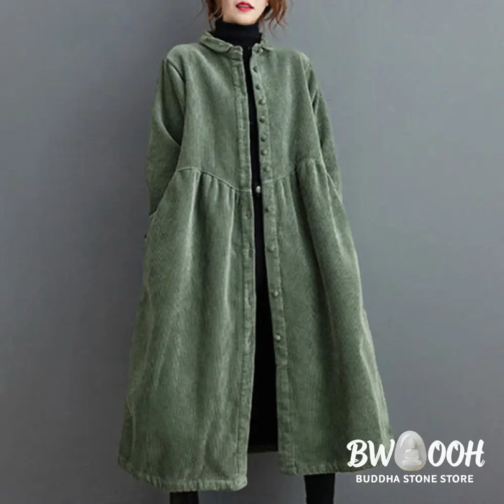 Buddha Stones Plain Buttons Long Sleeve Women’s Cotton Corduroy Fleece-Lined Coat With Pockets - Women’s Coat