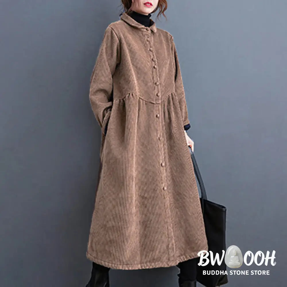 Buddha Stones Plain Buttons Long Sleeve Women’s Cotton Corduroy Fleece-Lined Coat With Pockets - Women’s Coat