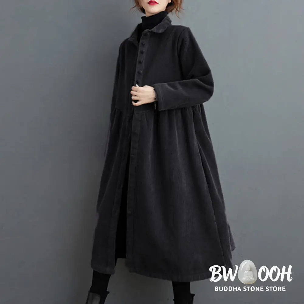 Buddha Stones Plain Buttons Long Sleeve Women’s Cotton Corduroy Fleece-Lined Coat With Pockets - Women’s Coat