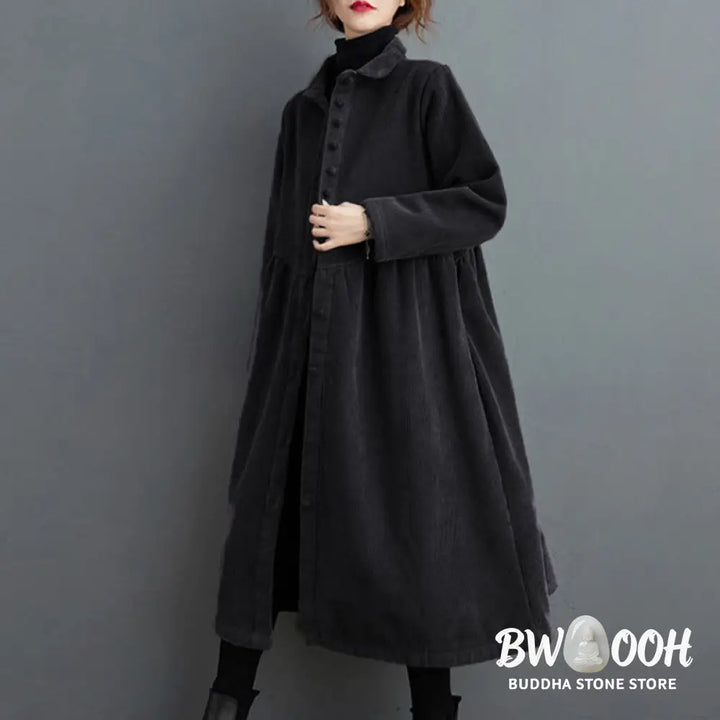 Buddha Stones Plain Buttons Long Sleeve Women’s Cotton Corduroy Fleece-Lined Coat With Pockets - Women’s Coat