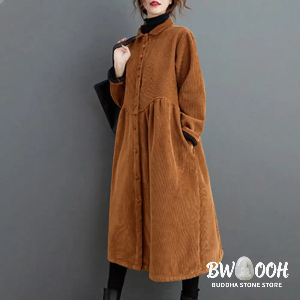 Buddha Stones Plain Buttons Long Sleeve Women’s Cotton Corduroy Fleece-Lined Coat With Pockets - Women’s Coat