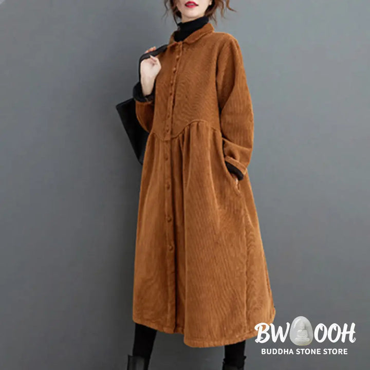 Buddha Stones Plain Buttons Long Sleeve Women’s Cotton Corduroy Fleece-Lined Coat With Pockets - Women’s Coat
