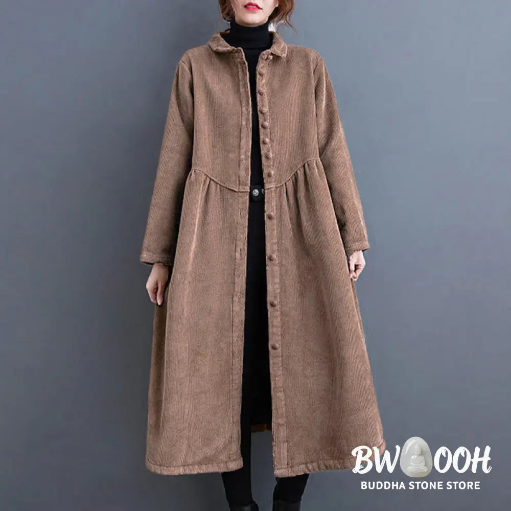 Buddha Stones Plain Buttons Long Sleeve Women’s Cotton Corduroy Fleece-Lined Coat With Pockets - Women’s Coat