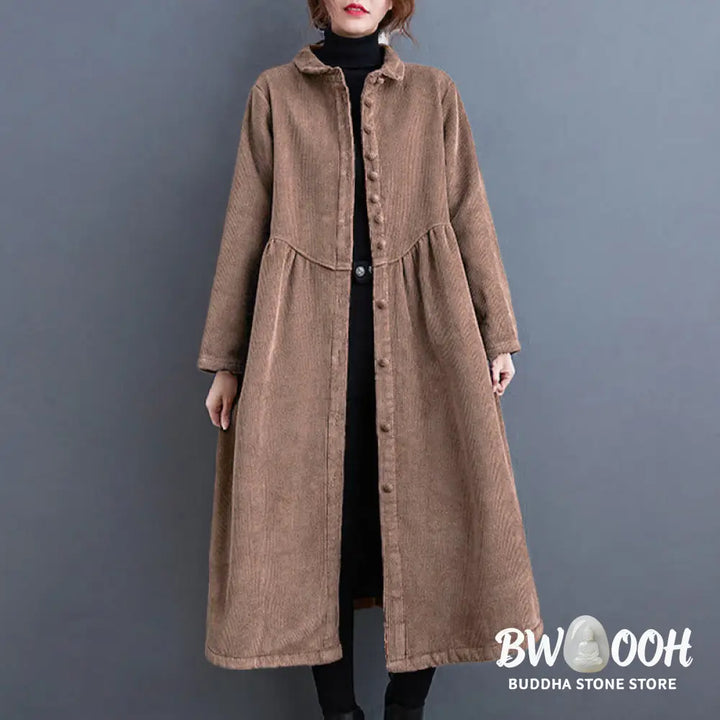 Buddha Stones Plain Buttons Long Sleeve Women’s Cotton Corduroy Fleece-Lined Coat With Pockets - Women’s Coat