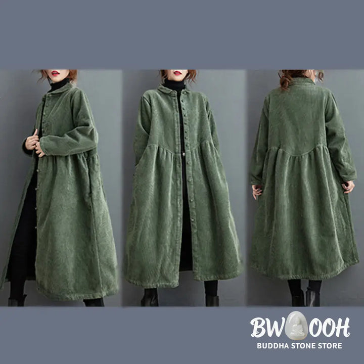 Buddha Stones Plain Buttons Long Sleeve Women’s Cotton Corduroy Fleece-Lined Coat With Pockets - Women’s Coat