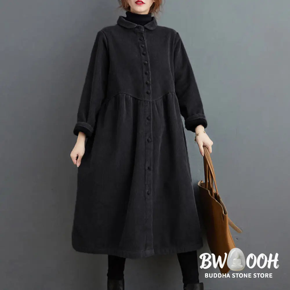 Buddha Stones Plain Buttons Long Sleeve Women’s Cotton Corduroy Fleece-Lined Coat With Pockets - Women’s Coat