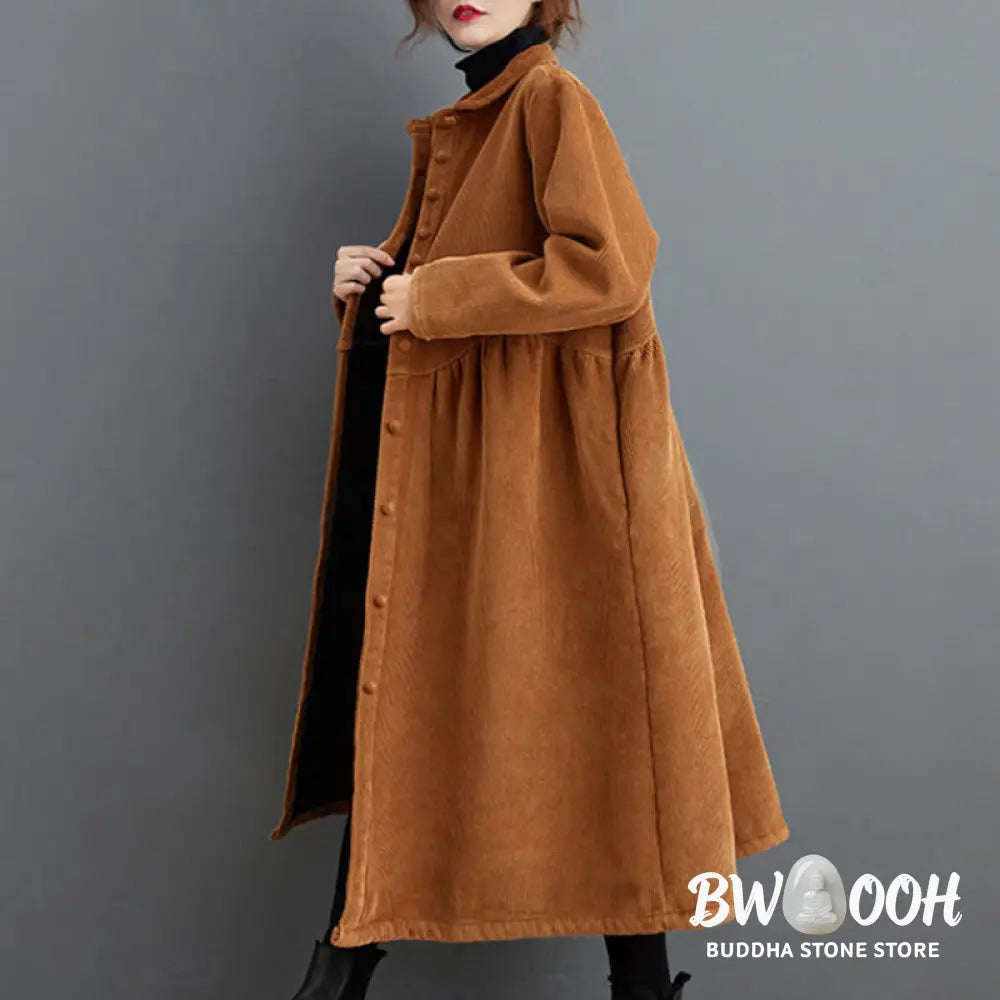 Buddha Stones Plain Buttons Long Sleeve Women’s Cotton Corduroy Fleece-Lined Coat With Pockets - Women’s Coat